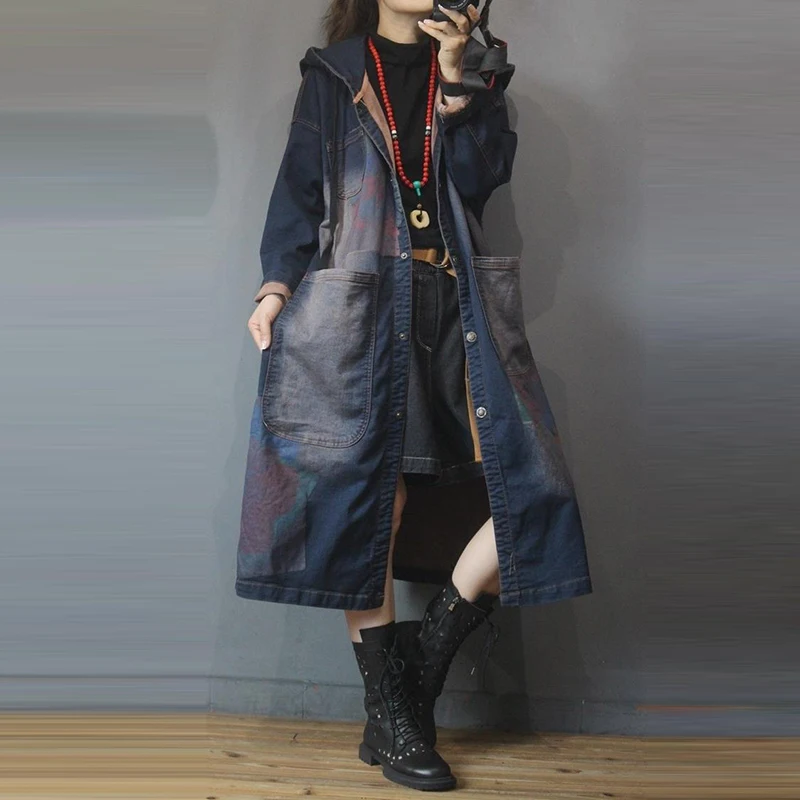 Manteau long en denim à boutonnage simple pour femme, grande poche double, coton, imprimé vintage, à capuche, grand, nouveau, style artistique, printemps, automne, CP2