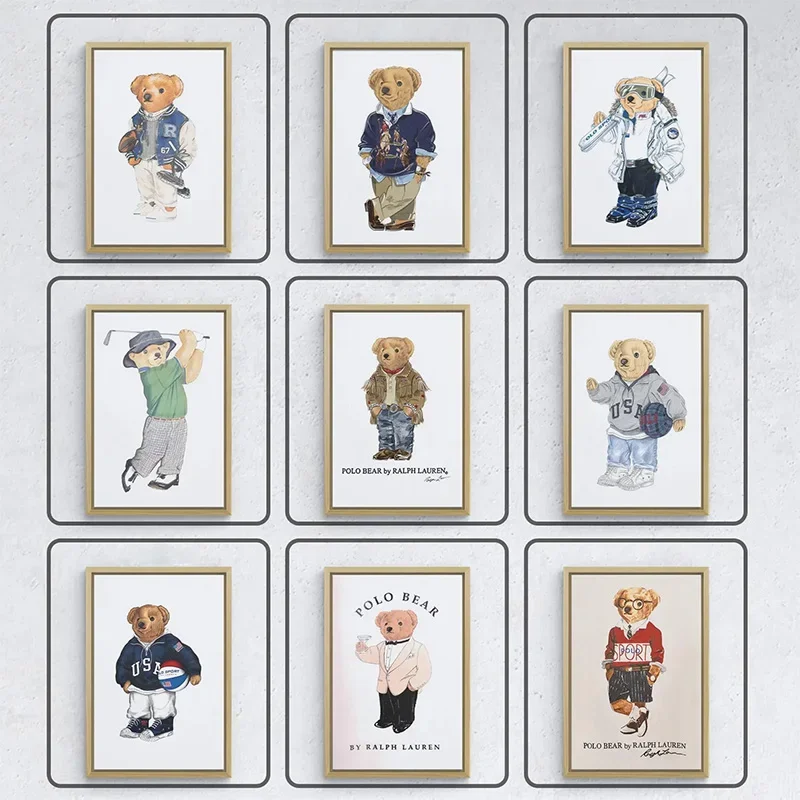 Stylish Playful Bear Art Poster Playing Sports Bear Canvas Painting Boys Bedroom Living Room Modern Home Decor Wall Art