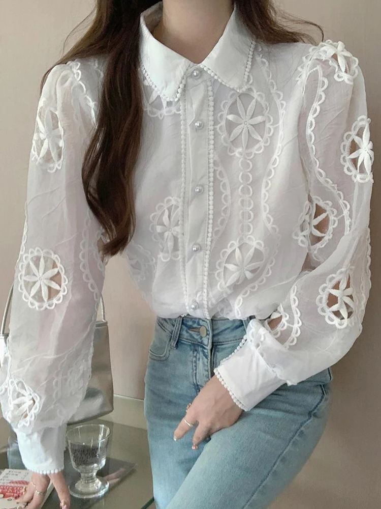 Spring Autumn Hollow Out White Shirt Women Clothing Palace Style Embroidery Lace Fairy Flower Blouse Lantern Sleeve Lace Shirts