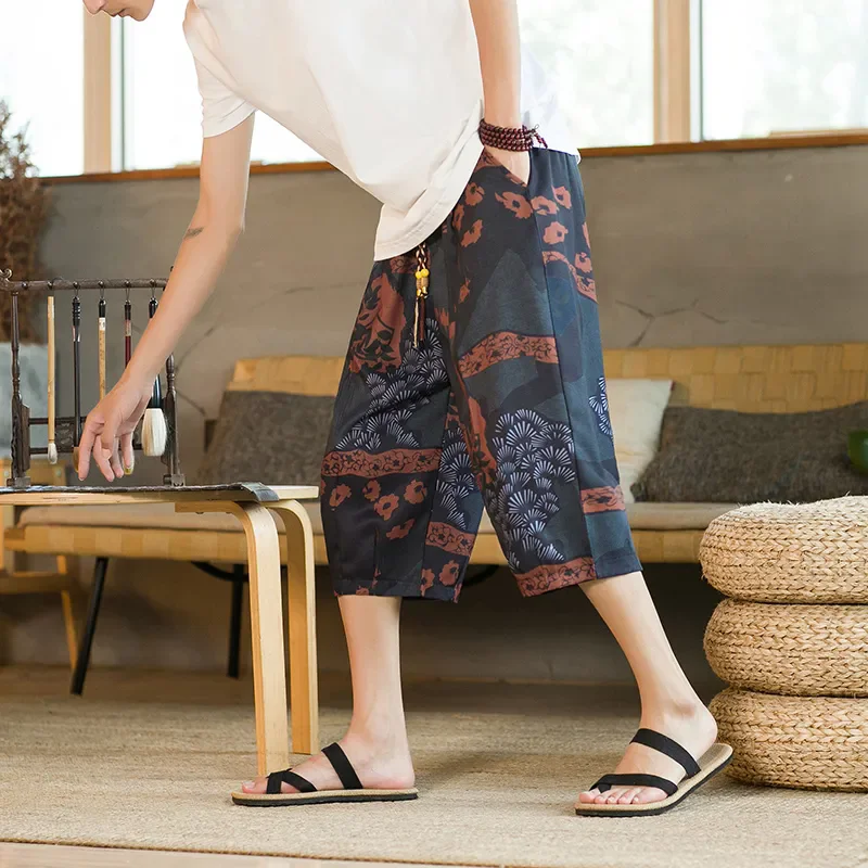 2025 Printed Pants Large Size Cropped Chinese Summer Loose Straight Casual Fat Man Shorts Thin Beach Pants