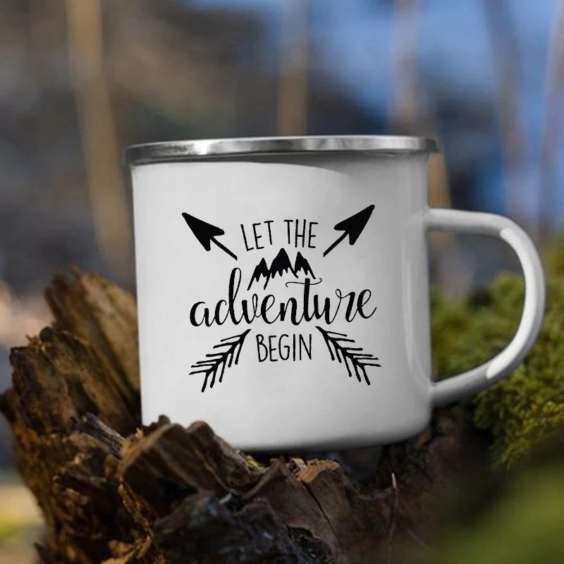 Enamel Camping Cups Adventure Awaits Camping Mugs Happy Campers Campfire Cup Outdoor Campervan Coffee Handle Mug Camper Van Gift