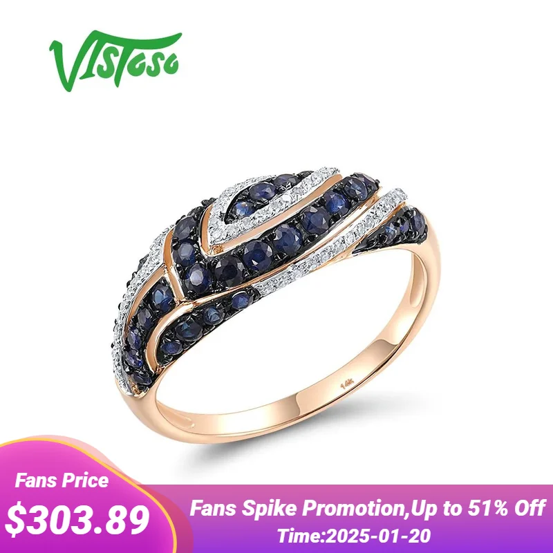 VISTOSO Pure 14K 585 Rose Gold Ring For Women Shining Diamond Genuine Blue Sapphire Wedding Engagement Gorgeous Fine Jewelry