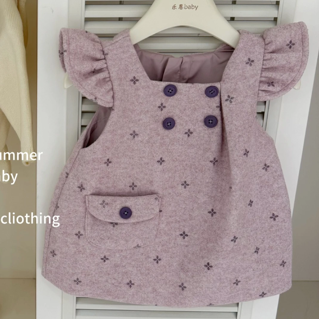 Girls Dress 2026 Autumn and Winter New Children's Clothing Korean Style Girl Baby Small Flower Woolen Fly Sleeve Vest Dress