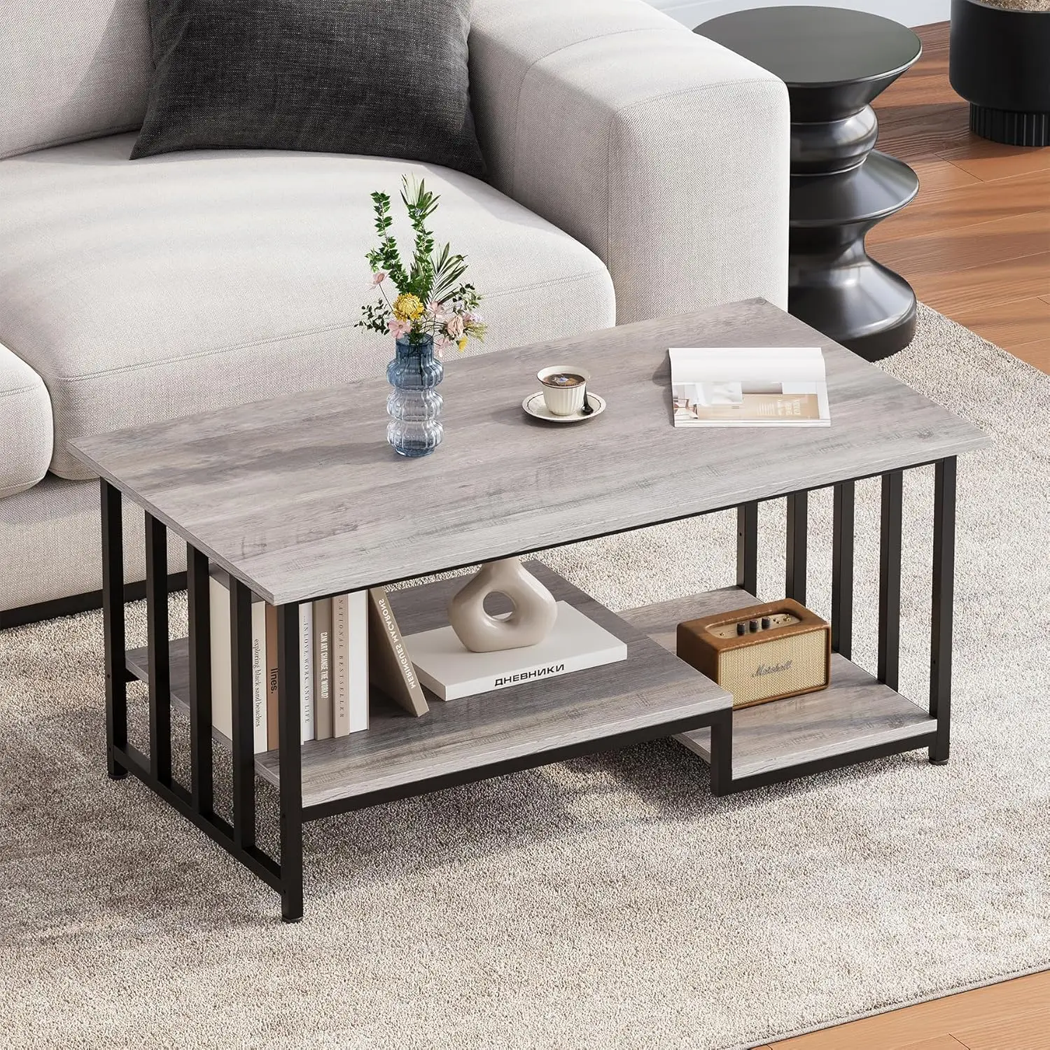 

Coffee Table, 2-Tier Coffee Table with Storage, 39.4" Farmhouse Wooden Center Table, Easy to Assemble, for Living, Customized
