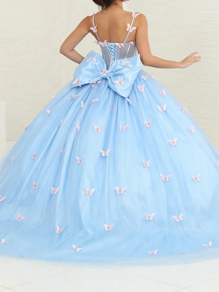 Elegant Women Prom Occasion Dresses Spaghetti Strap Illusion Butterfly Ball Gown Birthday Party Dress Sweet 15 16 Quinceanera