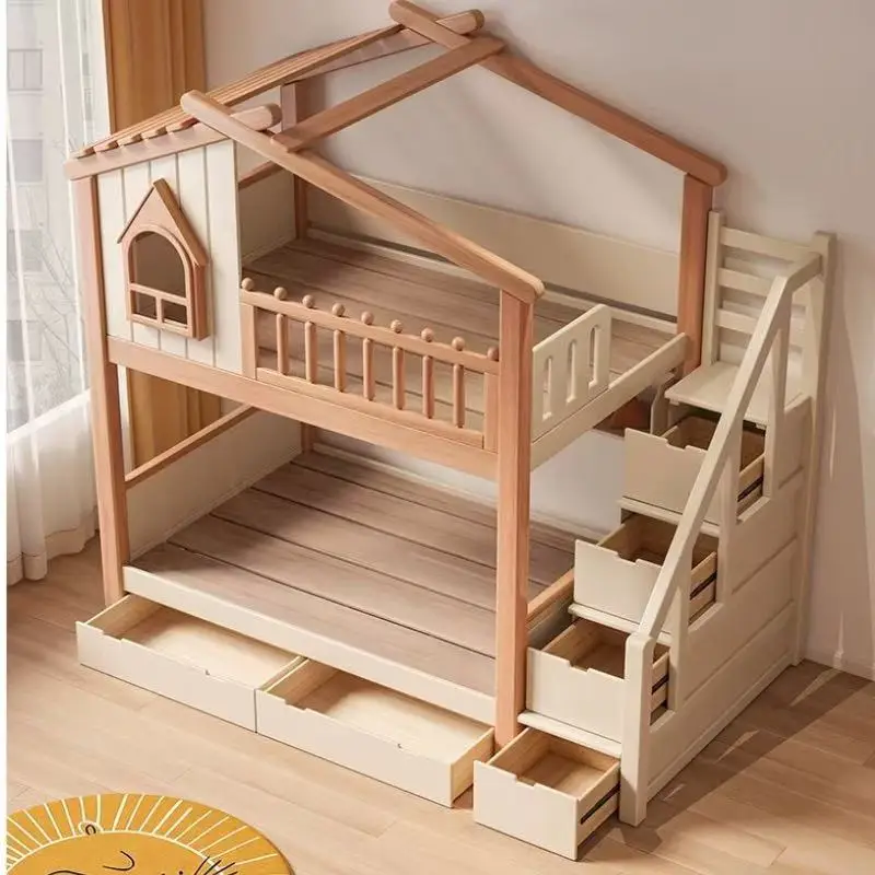 Solid Wood Kids Loft Bed with Closet Creamy Aesthetic High Sleeper Space Saving Storage Bed Frame for Children