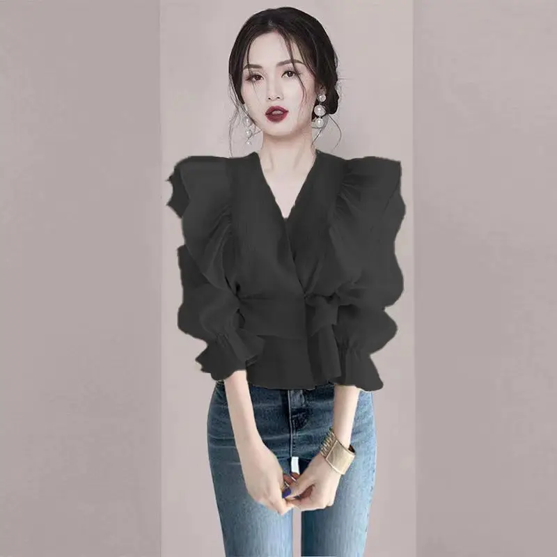 Women Clothing Summer New Long Sleeve Ruffles Printing Temperament Blouse Solid Lacing Elegant Short Shirt Tops Fashion Trend