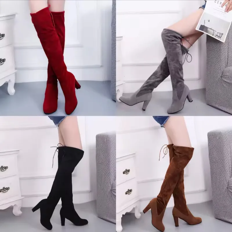 

Thigh High Boots Suede Female Heels Zipper Elastic Knee-high Boots for Women Tube Lace-up Thigh Platform Boots Botas Para Mujer