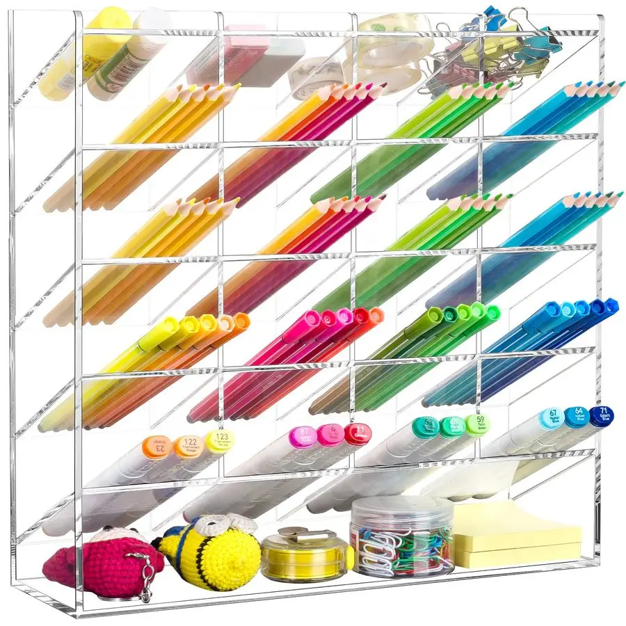 

Acrylic Vertical Marker Organizer for 250 Markers with 21 Compartments, Clear Angled Pen amp Pencil Holder, Large Desk Stationer