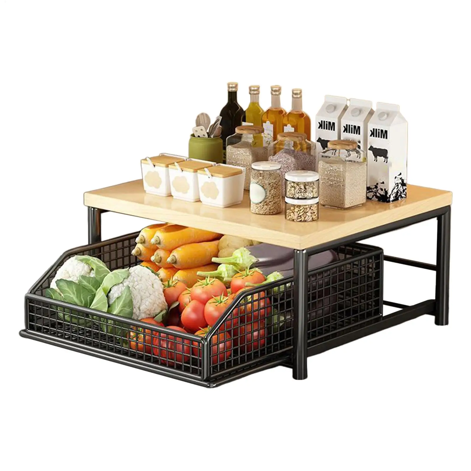 Modern kitchen microwave rack storage rack sturdy solid wood and metal structure space-saving countertop storage rack