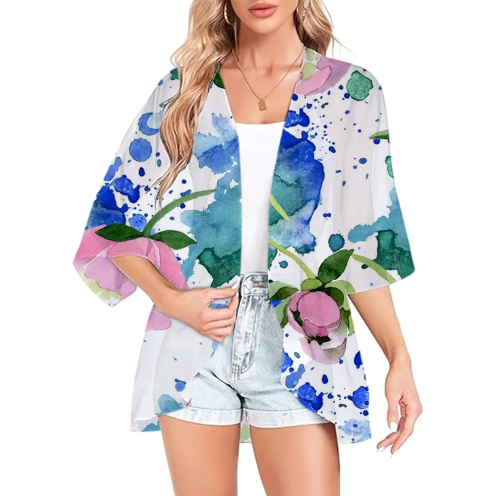 Women Boho Printed Kimono Beach Cover-Ups Fashionable Summer Open Front Chiffon Cardigan Loose Shirt Sleeve Shawl Capes Bohemia