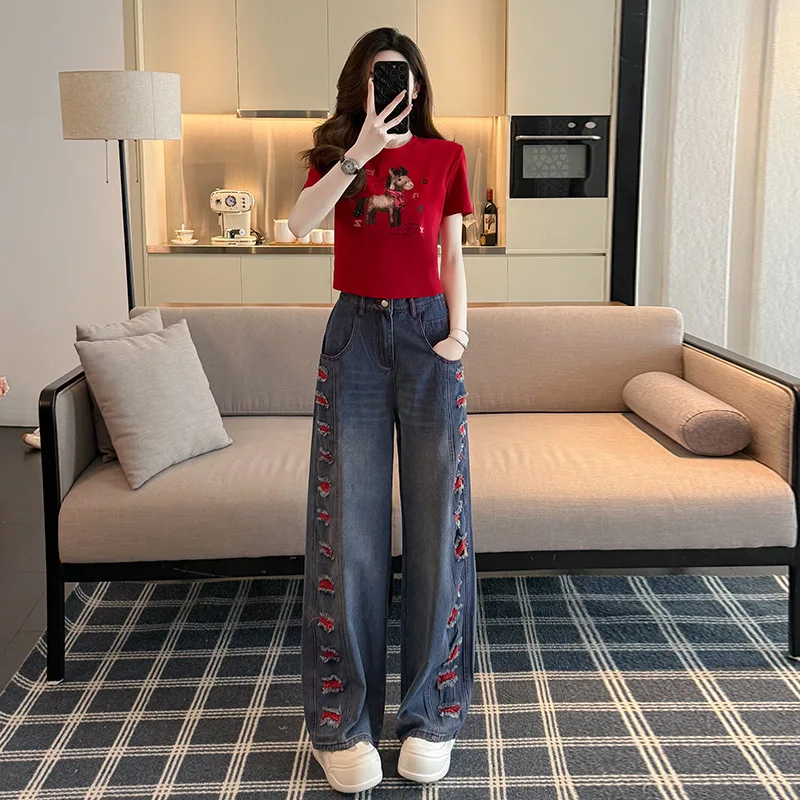 Retro Short-sleeved Suit Women New Summer Street Fashion Set Dopamine Stylish Printed Jeans Two-piece Casual Fashionable Outfit