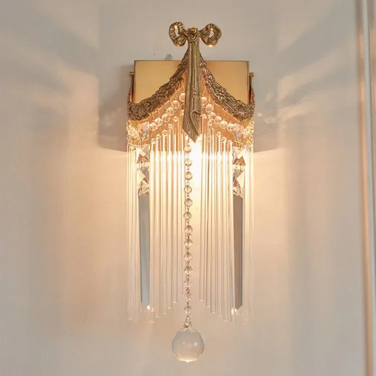 

2026 Nordic Crystal Tassels Wall Lamp Retro Copper Night Light LED Lighting For Living Room Bedroom Bedside Study Corrid