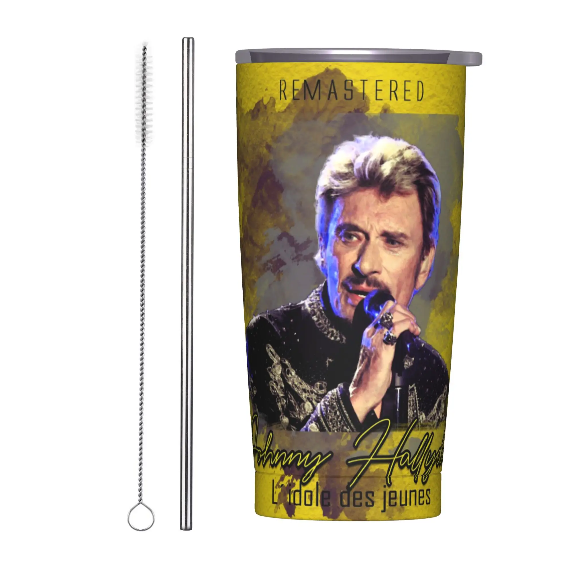 Johnny Hallyday Insulated Tumbler with Lid Singer Stainless Steel Thermal Mug Double Wall Car Bottle Cups, 20oz