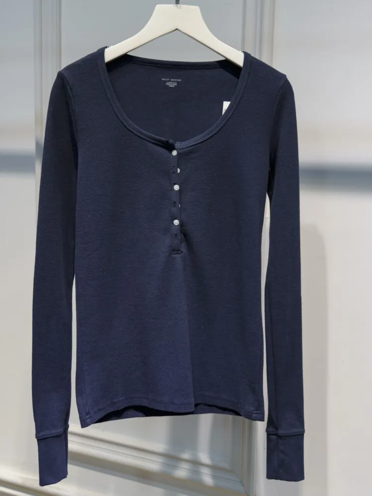 

Темно-синие ребристые тонкие футболки с шестью пуговицами, женские осенние новые хлопковые футболки с круглым вырезом и длинными рукавами, повседневные винтажные шикарные футболки Y2k, топы