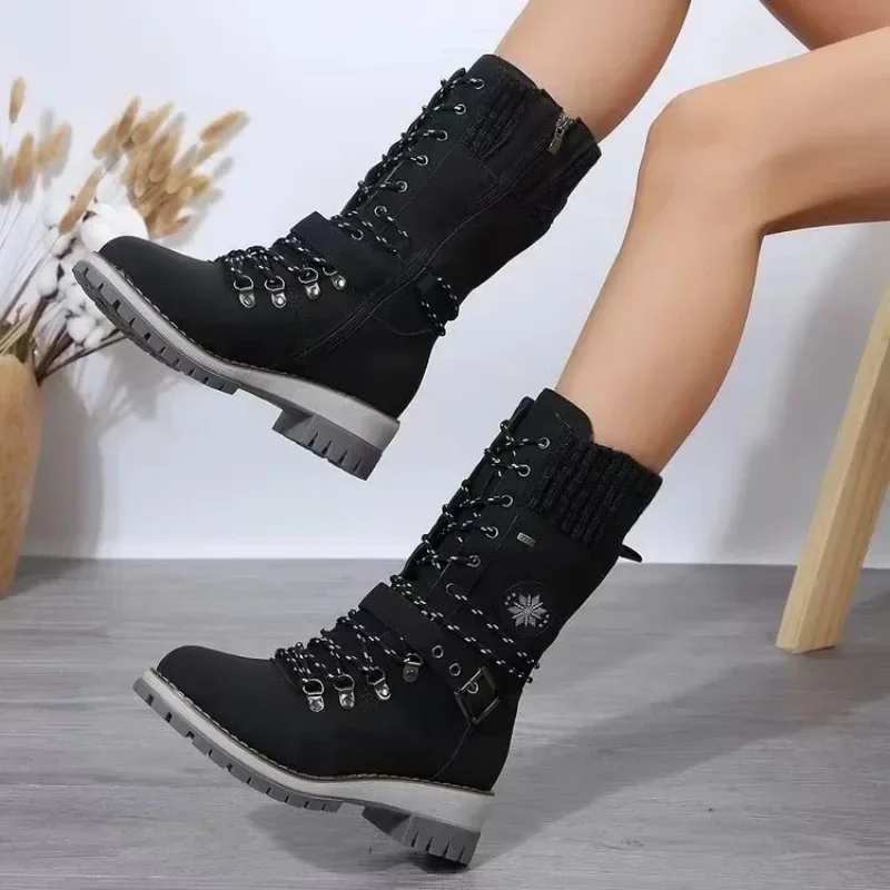 2024 Winter New Outdoor Shoes for Woman Side Zip Mid-Calf Boots Square Heel Casual Women Med Heel Ladies Round Head Plus Size 43