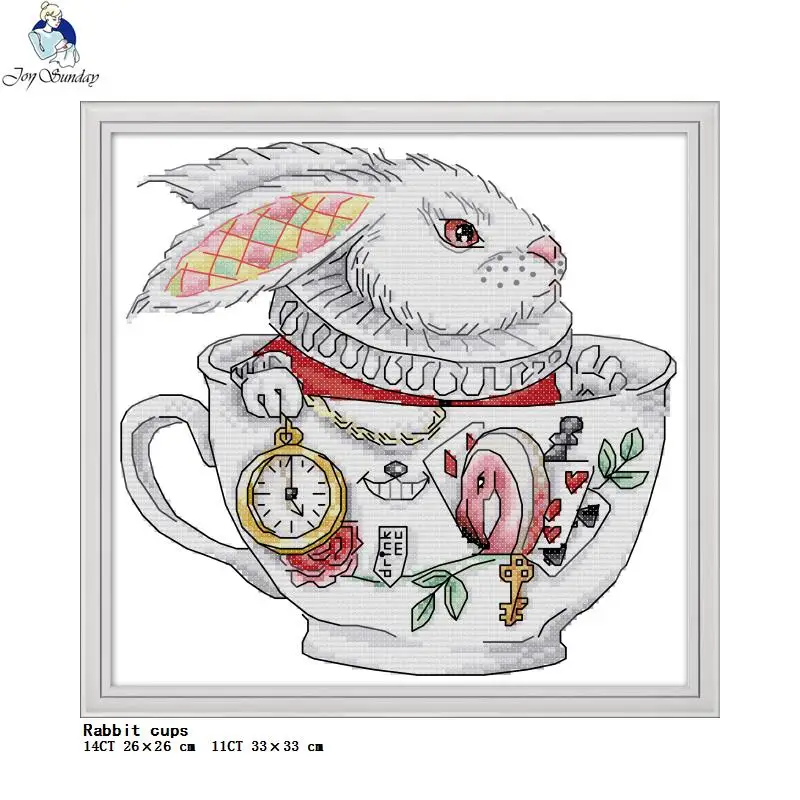 Teacup Animals Cats and Rabbits Cartoon Print Cross Stitch Aida 14CT 11CT Fabric Needle Thread Embroidery Set DIY Kids Craft Kit