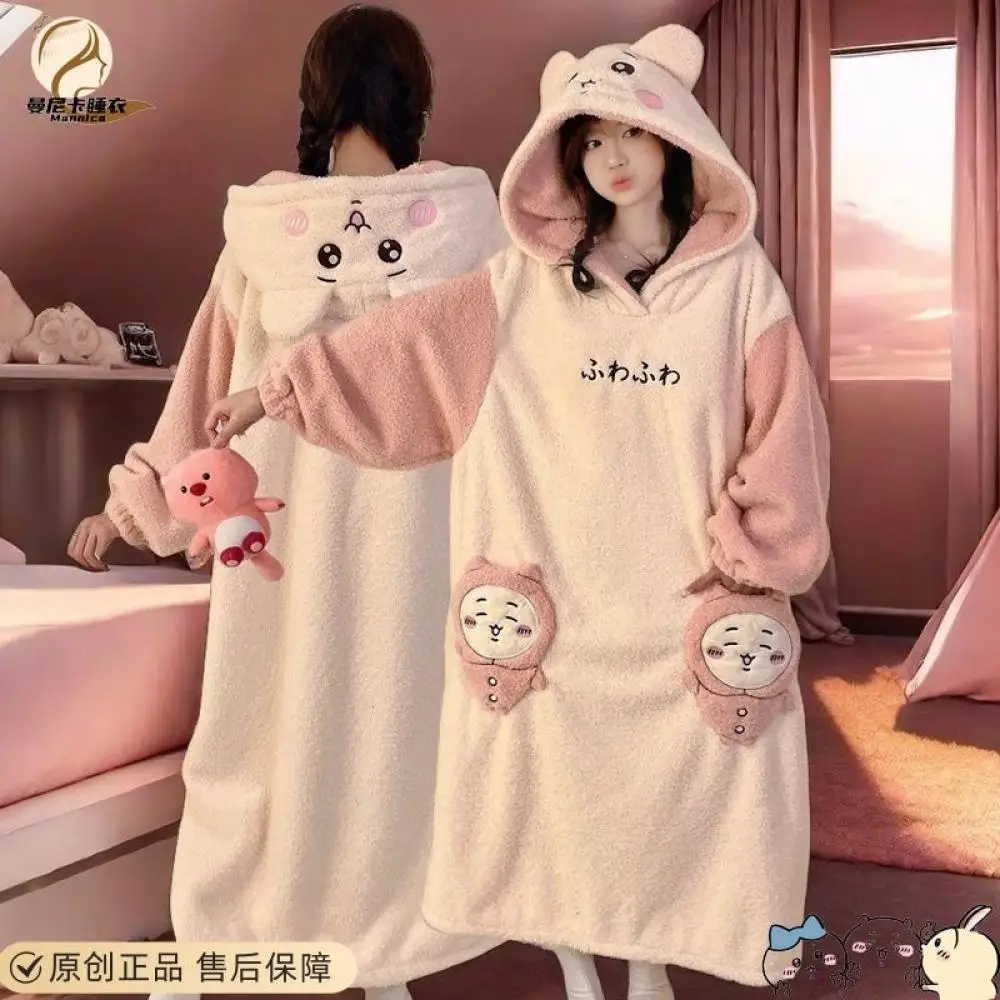 

Cute Chiikawa Autumn Winter Pajamas Suit for Women Kawaii Large Size Plus Velvet Thickened Warm Nightgown Hooded Homeclothes Set