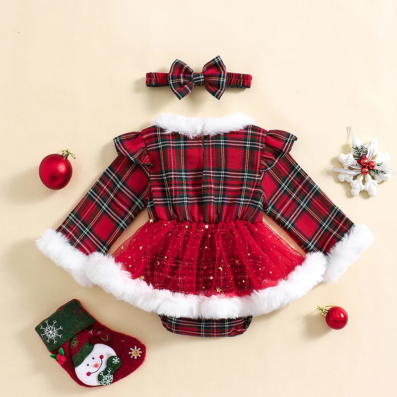 

Baby Girls 2-Piece Christmas Set Terry Trim Sequins Mesh Dress Long Sleeve Ruffled Romper Bow Headband Adorable Outfits