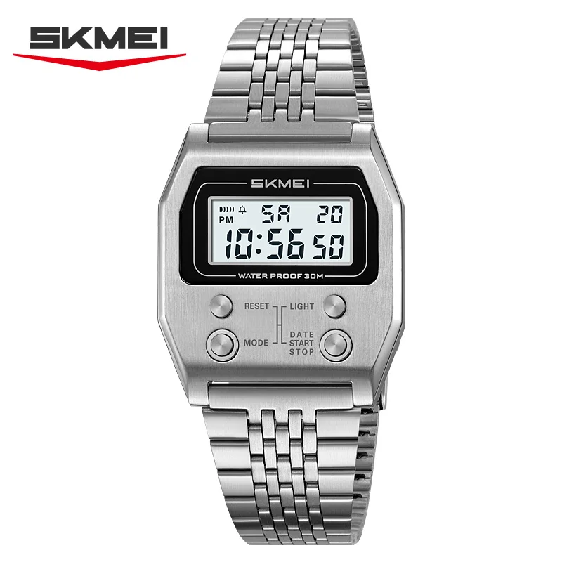 SKMEI 2460 ساعة رقمية مقاومة للماء للرجال الفولاذ المقاوم للصدأ الرياضة الفاخرة ريترو LED الإلكترونية ساعات المعصم الرجالية Reloj Hombre