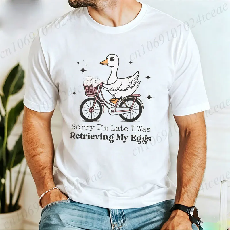Men's Funny Goose Riding Bicycle Graphic T Shirt Sorry I'm Late I Was Retrieving My Eggs Quote Tee Tops Gift for Goose Lover