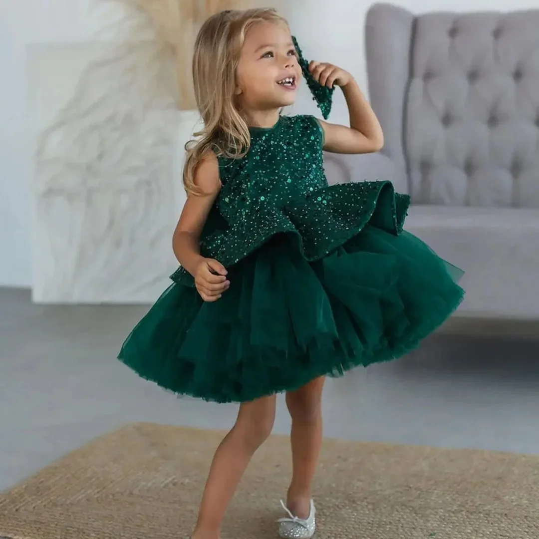 Vestido de menina florido inchado infantil, Brilhando Tule, Arcos, Lantejoula de brilho, Altura do joelho, Aniversário, Vestido de concurso, Verde, Casamento