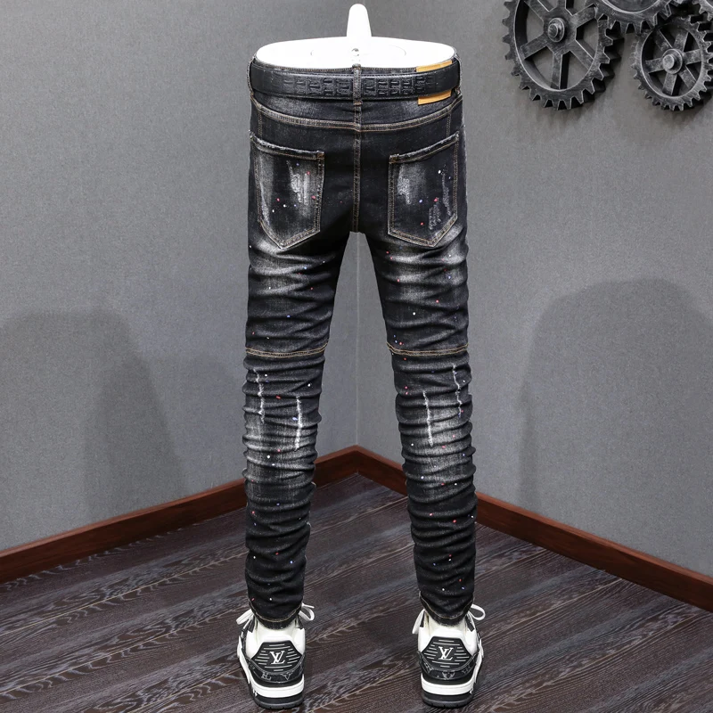 Street Fashion Men Jeans Retro Black Gray Stretch Slim Fit Spliced Painted Ripped Jeans Men Pocket Designer Vintage Denim Pants