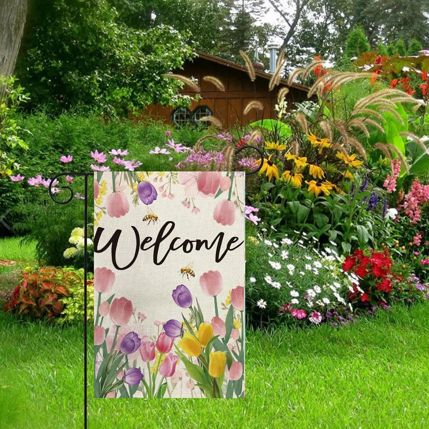 Welcome Spring Summer Garden Flag Bee Colorful Floral Garden Flags 12 x 18 Inch Vertical Double Sided Burlap for Seasonal Ho ZZM