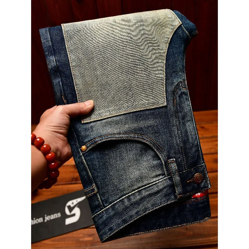 Autumn Vintage Jeans for Men Slim Fit Patchwork Trendy Street Fashion Personality Retro Long Pants