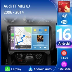 Android 16 Carplay Auto 2K Screen Car Radio Multimedia Player For Audi TT MK2 8J 2006 - 2014 Autoradio GPS Stereo 2din Head Unit