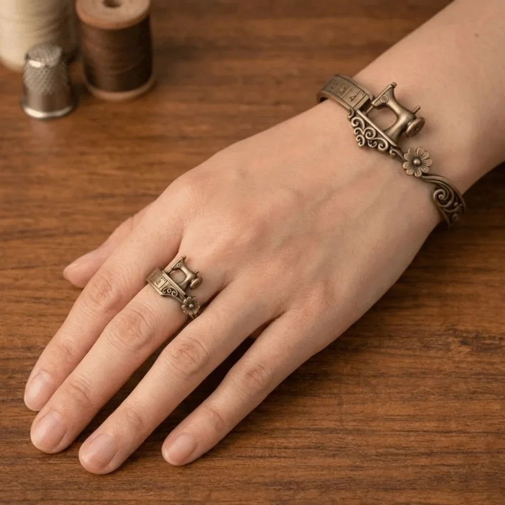 Unise Elegant Sewing Machine Bracelet Vintage Unique Adjustable Cuff Bracelet Craft Design Metal Finger Ring Special Occasion