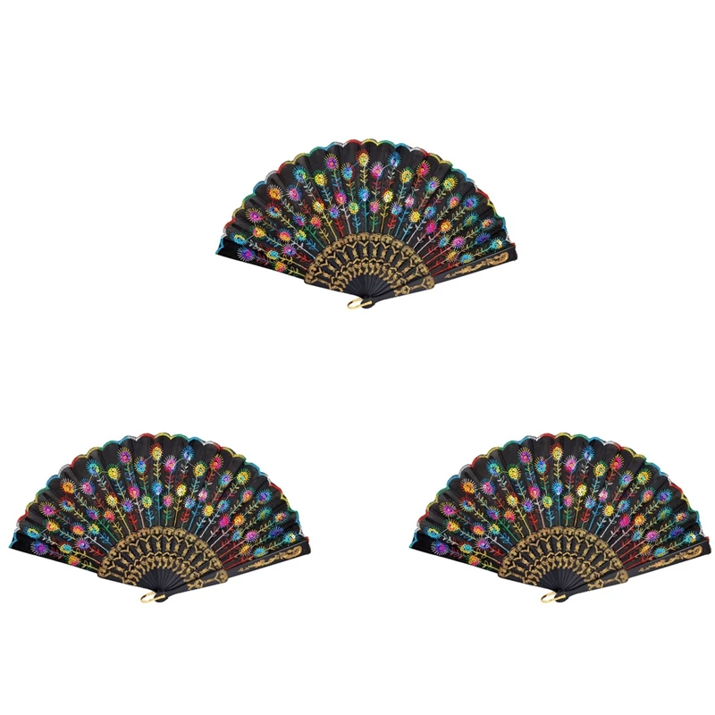 3X Colored Embroidered Flower Pattern Black Cloth Folding Hand Fan For Woman