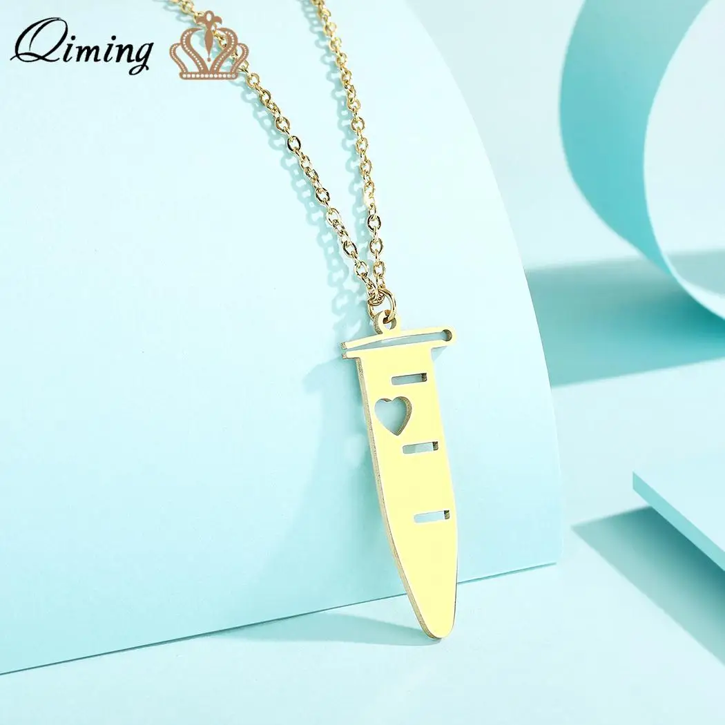 QIMING Stainless Steel Microcentrifuge Necklace Biology Jewelry Test Tube Heart Necklace Eppie  Science Teacher Gift