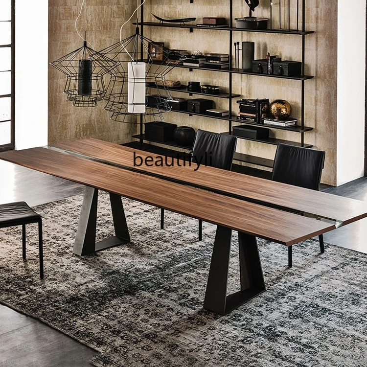 

Solid Wood Dining Table Minimalist Modern Industrial Style Walnut Long Conference Table