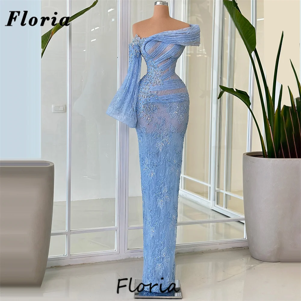 Simple Lace Mermaid Cocktail Dresses Arabic Blue Wedding Party Dress Sewing Beaded Evening Dress Gown Robes De Soiree Customized