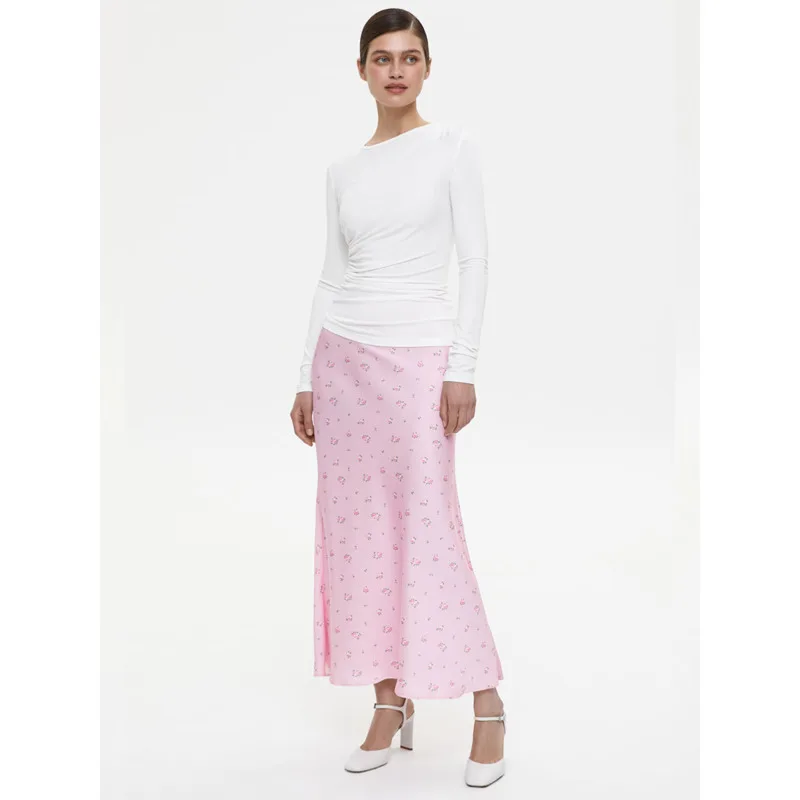 Elegant Floral Print Satin High-Waisted Pleated Skirt Chic Casual Color-Blocked Zippered A-Line Skirt New Stylish Women\'s Skirt