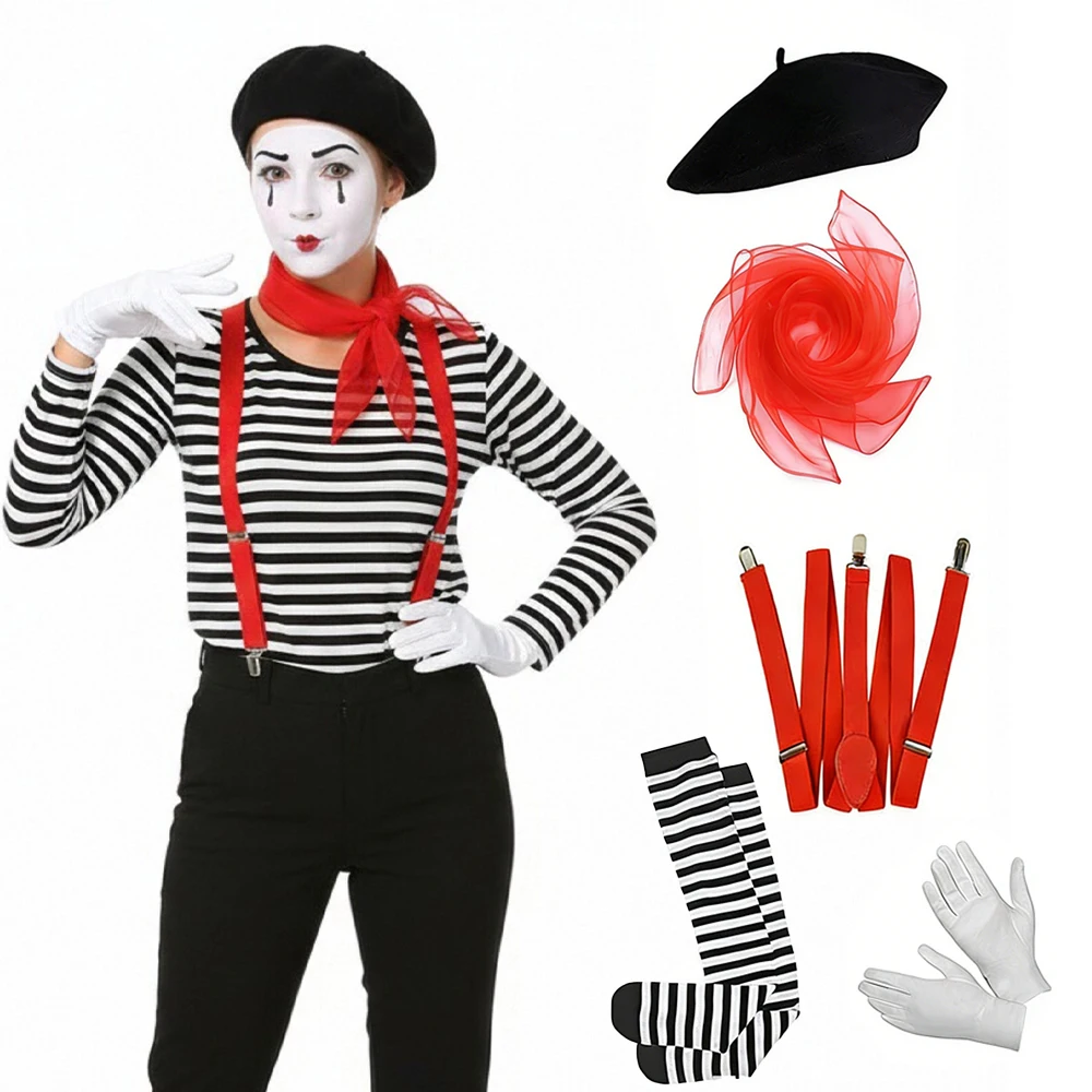 4Pcs Mime Actor Costumes Accessory Set Black Beret Gloves Scarf Black and White Striped Socks or Straps Clown Show Carnival Suit