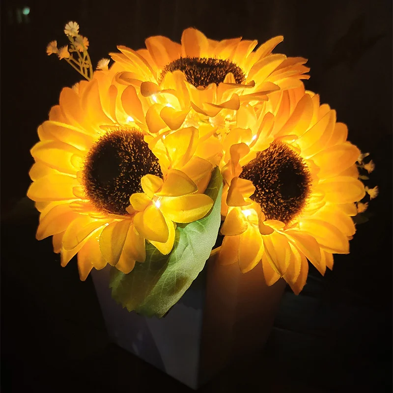 Popular Sunflower Pot Light Indoor Decoration Sunflower Simulation Flower Decorative Desktop Led Pottery Atmosphere Night Light