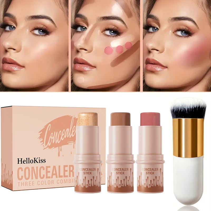 Kit de contorno en crema, barra de contorno de larga duración resistente al agua no graso, barra de colorete, barra resaltadora, barra bronceadora con pincel