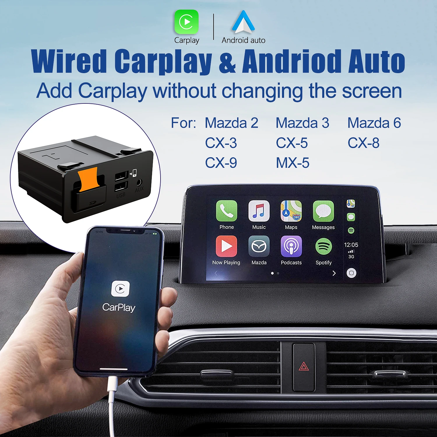 MAZDA CARPLAY TK-78-66-9U0C Retrofit USB Kit Android Auto OEM for Mazda 2 3 6 CX3 CX5 CX8 CX9 miata MX5 Toyota Yaris-NEW Version