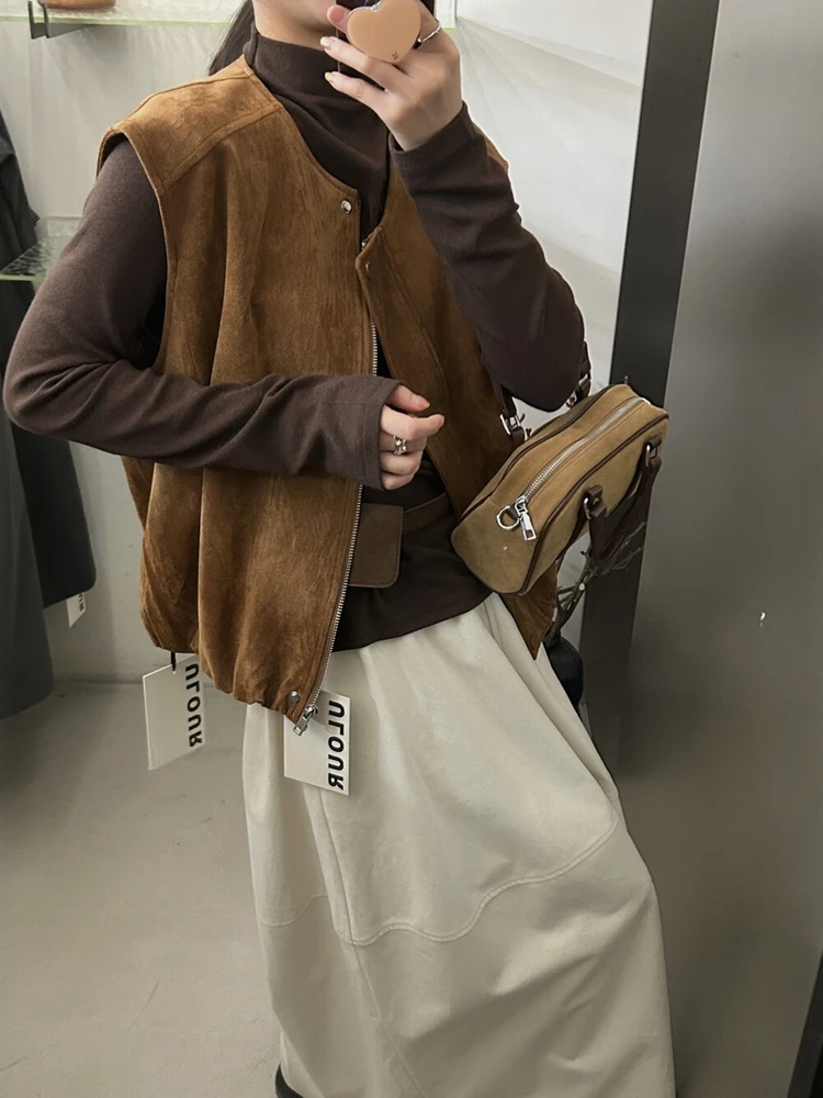 

Корейский замшевый жакет в стиле ретро, женский свободный повседневный жилет больших размеров, универсальный утягивающий топ, круглый Ne с застежкой на одной пуговице