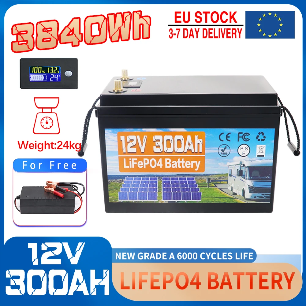12V 200AH 300AH LiFePo4 Batteria incorporata BMS al litio ferro fosfato 6000 cicli per camper camper carrello da golf solare con caricabatterie