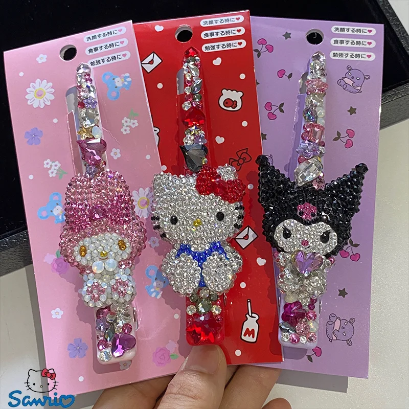 Sanrio pastelowa jasny diament kryształowa spinka do włosów Hello Kitty Cinnamoroll kreskówka słodka modne dziewczęce spinka do włosów prezenty