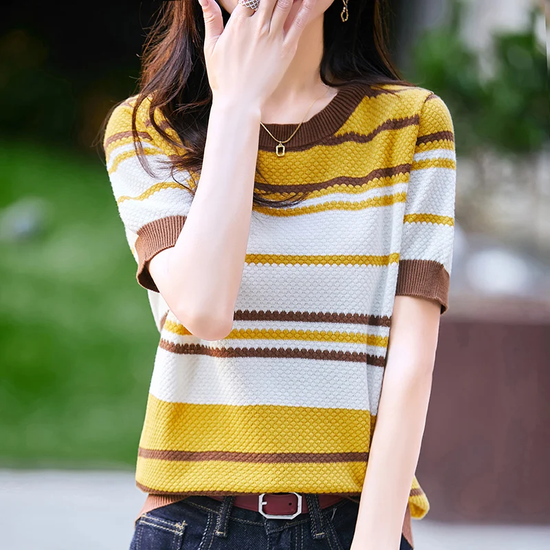 

2026 Spring/Summer New 100% Cotton Knit Short Sleeve Pullover Women's Color Blocking Stripe Tees Fashion Round Neck T-shirt Tops