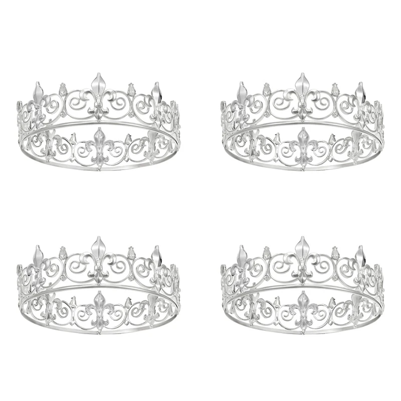 

4X Royal King Crown For Men - Metal Prince Crowns And Tiaras, Full Round Birthday Party Hats(Silver)