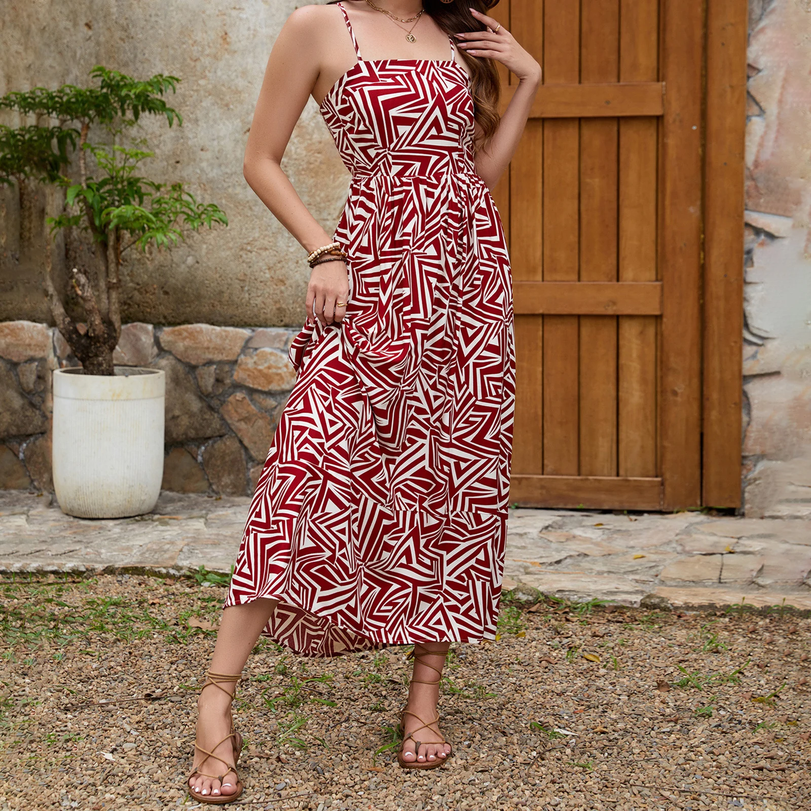 Vintage Women Sleeveless Dress Summer Geometric Print Cutout Backless Party Dress for Vacation Cocktail Beach Streetwear