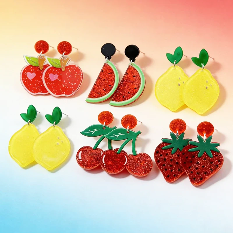 New Fruit Earrings Mango Apple Strawberry Watermelon Fruit Earrings Sparkling Acrylic Earrings Decorative Gift