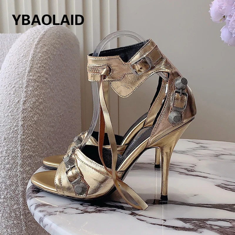 

Punk Style High Heel Gladiator Sandals Rivet Stud Ankle Strappy Open Toe Cool Girl's Knight Shoes Genuine Leather Shoes Females