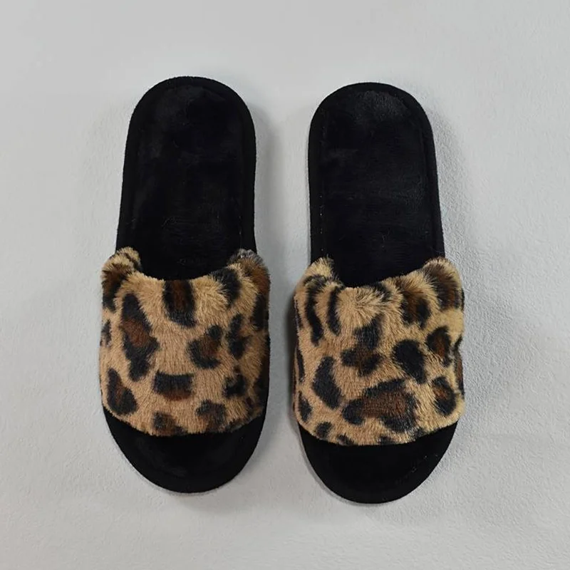 Leopard Print Plush Slippers For Women, Cozy & Warm Open Toe Soft Sole Shoes, Comfy Indoor Floor Fuzzy Slippers