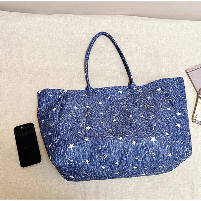Koreanische Tragetasche mit Sterndruck, Damen-Shopper-Schultertasche, geräumige Handtasche für den täglichen Gebrauch, einfarbig, vielseitig, minimalistisch – Detail 4